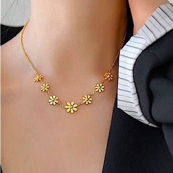 Gold Plated Daisy Necklace, Stainless Steel, Flower, Dainty - Picture 3 of 9
